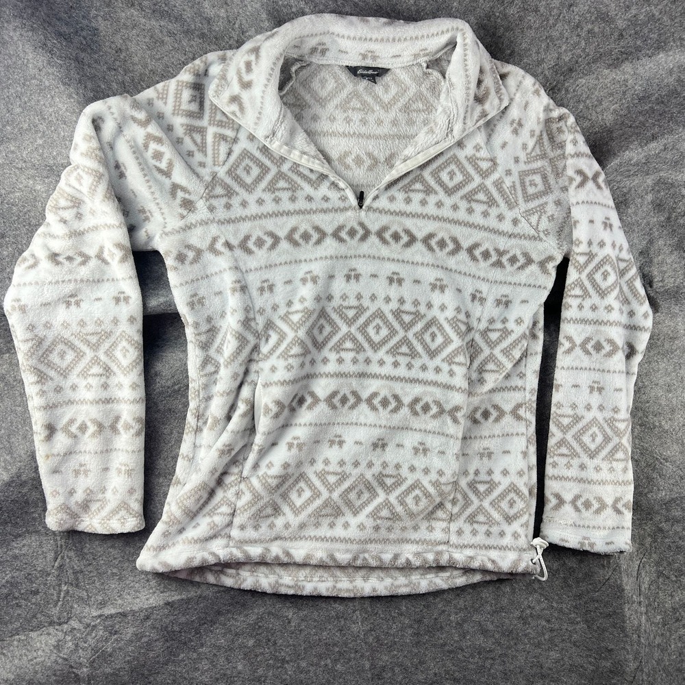 Eddie Bauer white tan plush boho aztec print‎ pullover quarter zip jacket Sz L